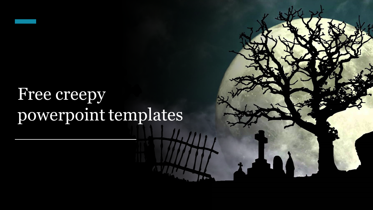 Dark graveyard slide with twisted trees and headstones, illuminated by a full moon, featuring a title text.