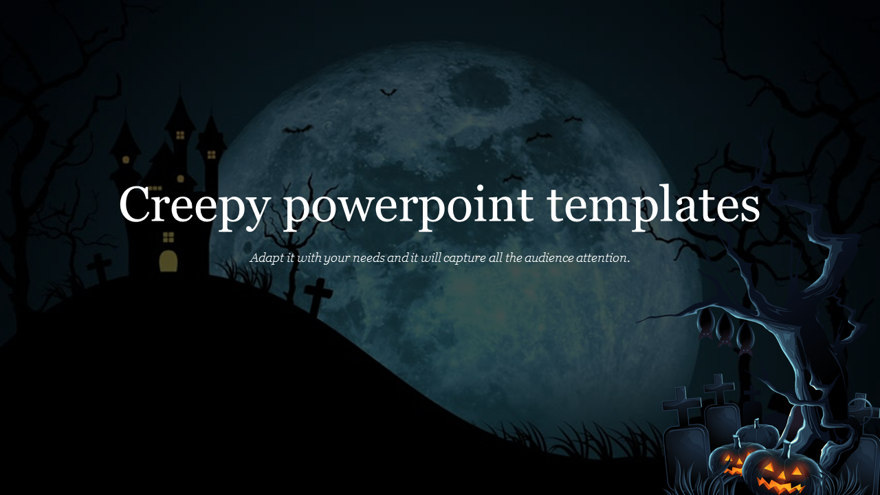 Halloween-themed slide featuring a full moon to glowing pumpkins, creating a creepy atmosphere.