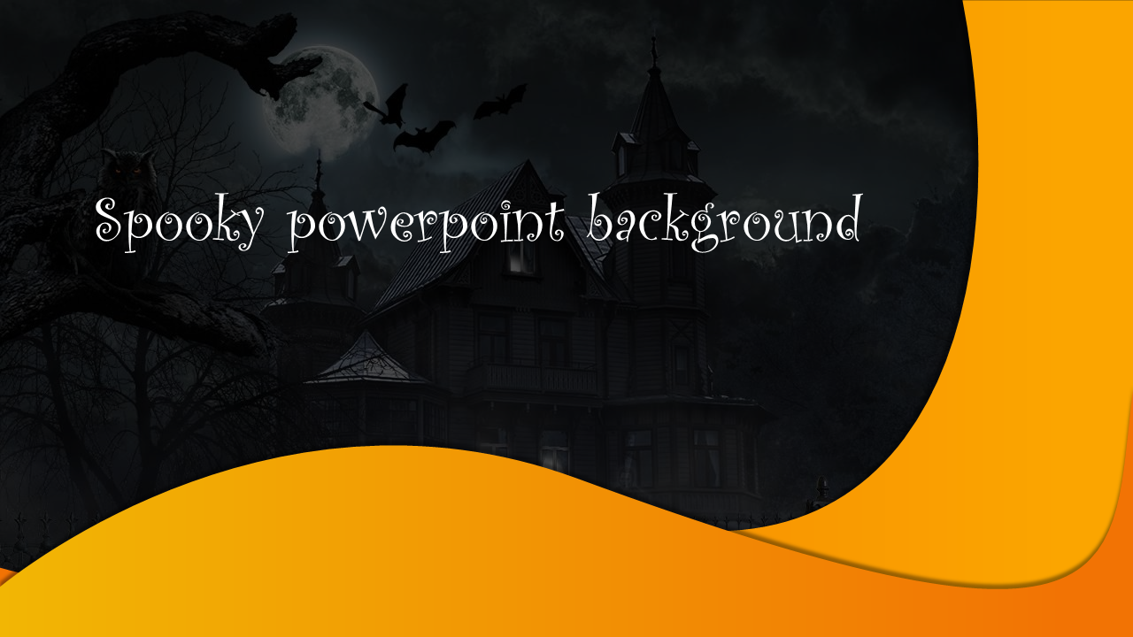 Spooky PPT slide background featuring a haunted house, full moon, flying bats, and an eerie owl on a night.