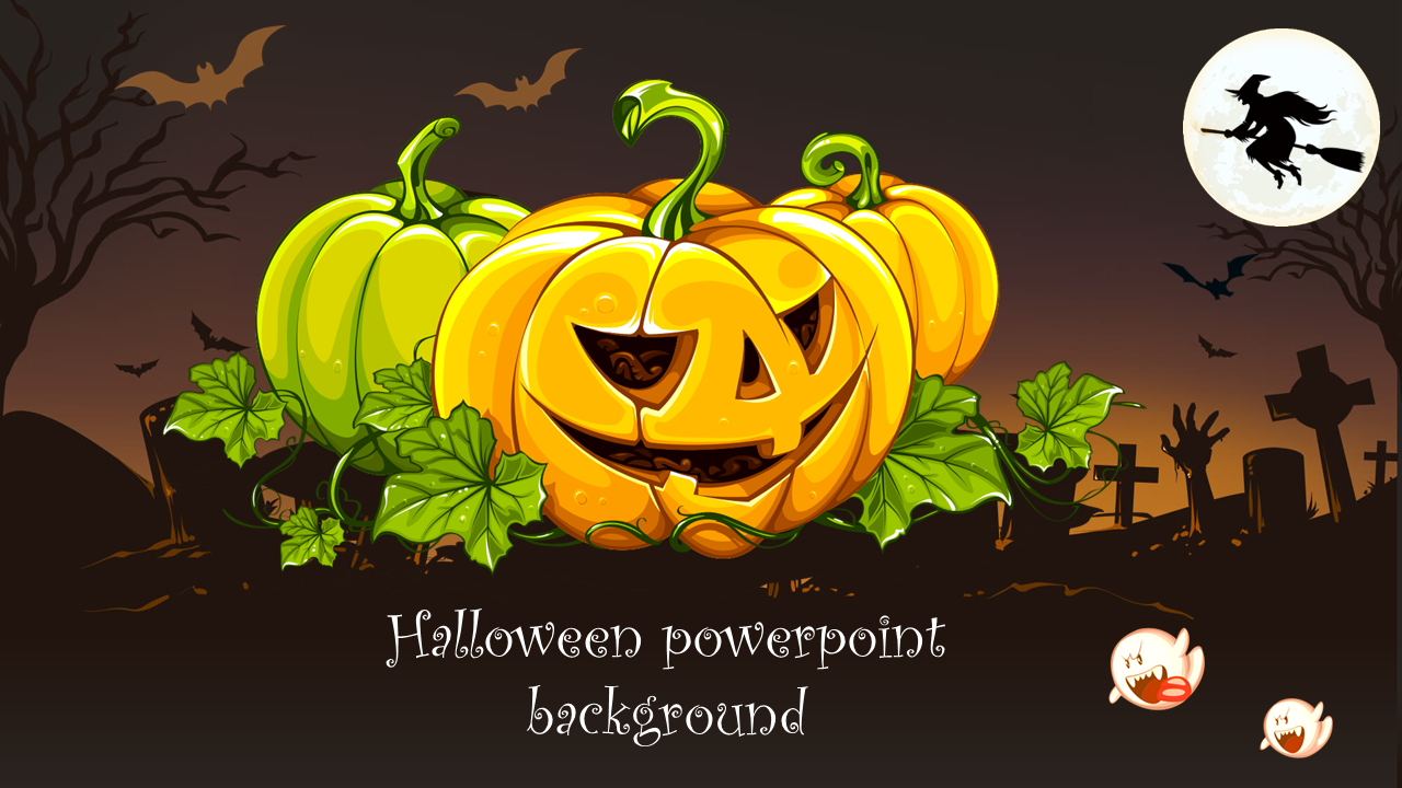 Halloween slide background features glowing jack o lanterns, a graveyard scene, flying bats, and a witch against a full moon.