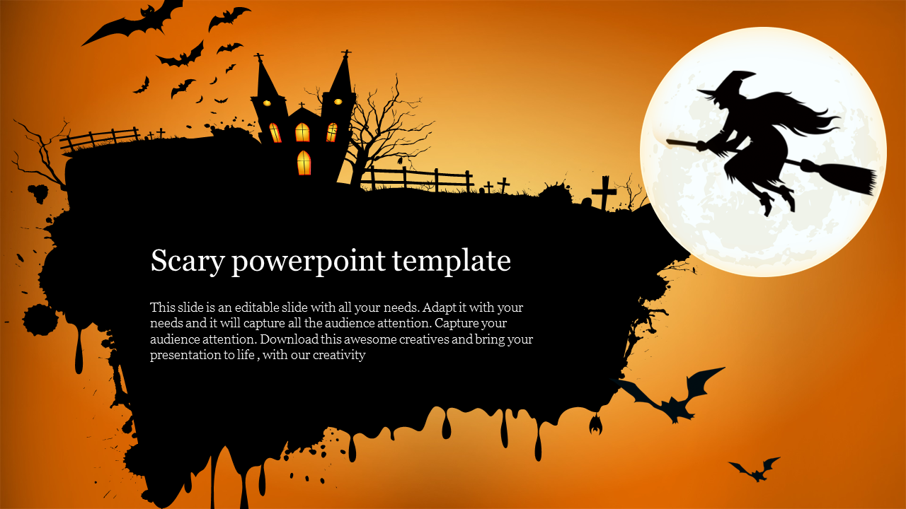 Slide with a haunted house, bats, a witch flying past a full moon, and dripping black text area on an orange background.