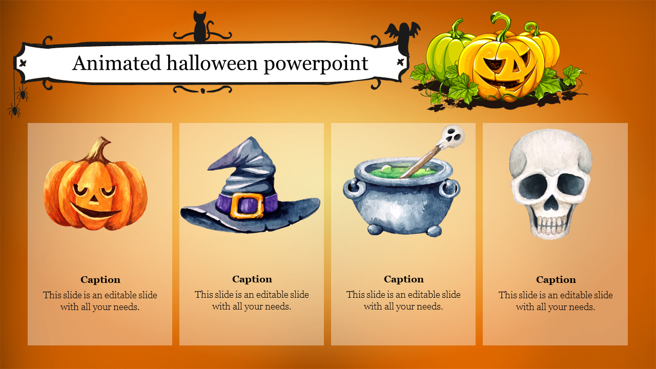 Four Halloween icons including a pumpkin, witch hat, cauldron, and skull, arranged below a decorative banner.