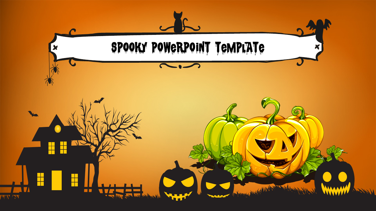 Spooky PPT template featuring glowing jack o lanterns, a haunted house, eerie trees, and flying bats on an orange background.