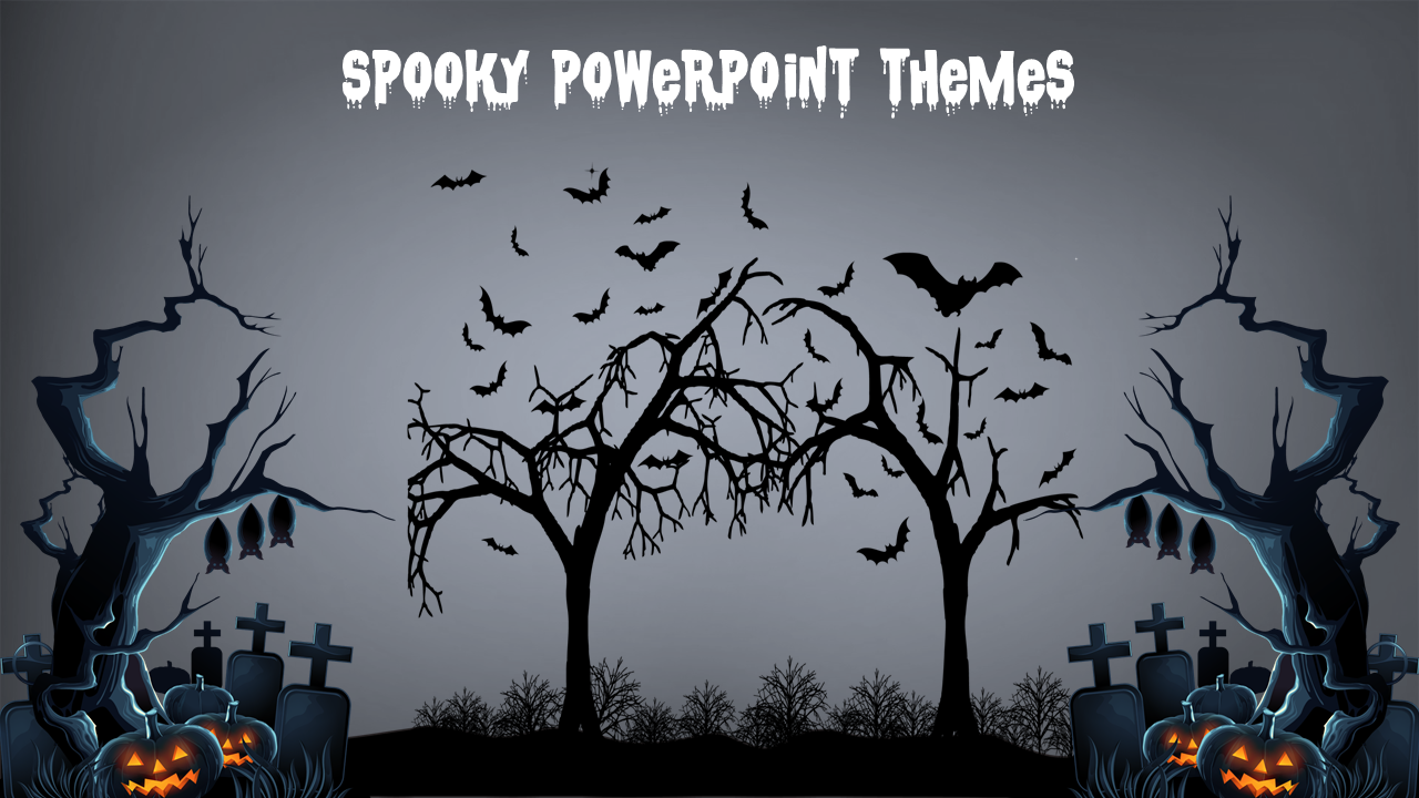 Spooky halloween theme with eerie trees, bats, tombstones, and glowing pumpkins on a dark gray background.