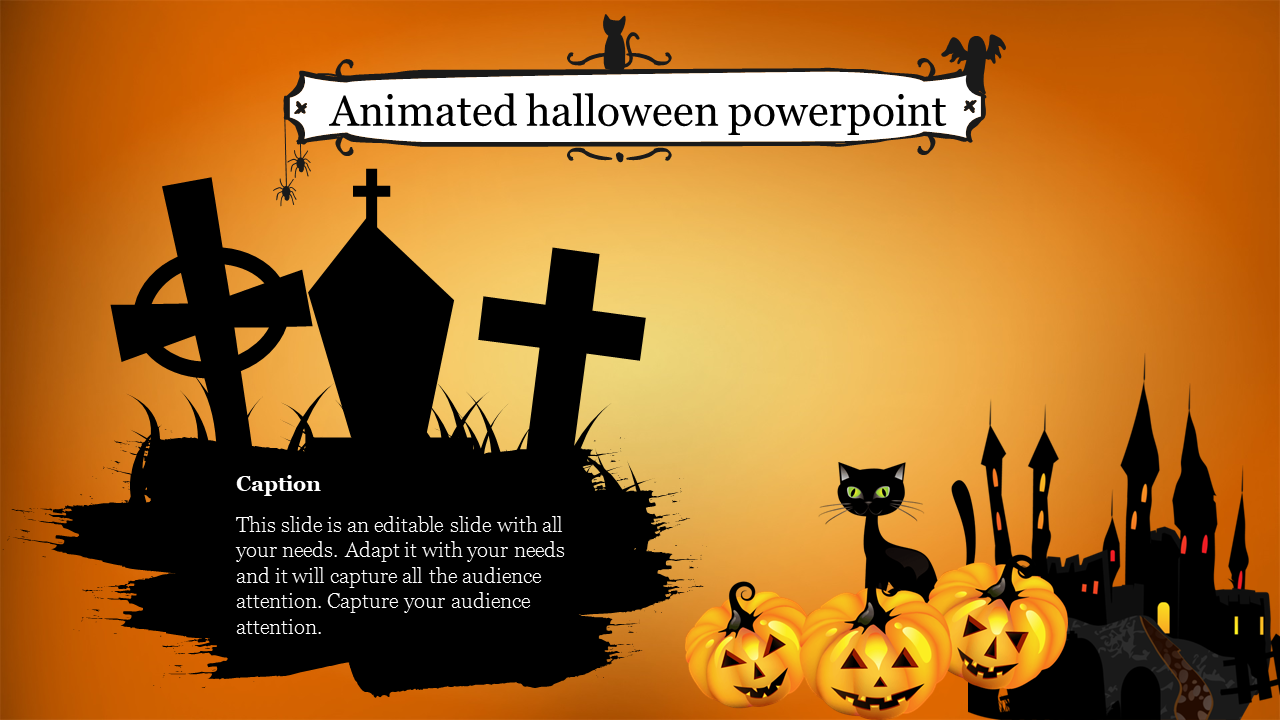 Spooky PPT slide with eerie gravestones, glowing pumpkins, a gothic castle, and a black cat sitting on top of a pumpkin.