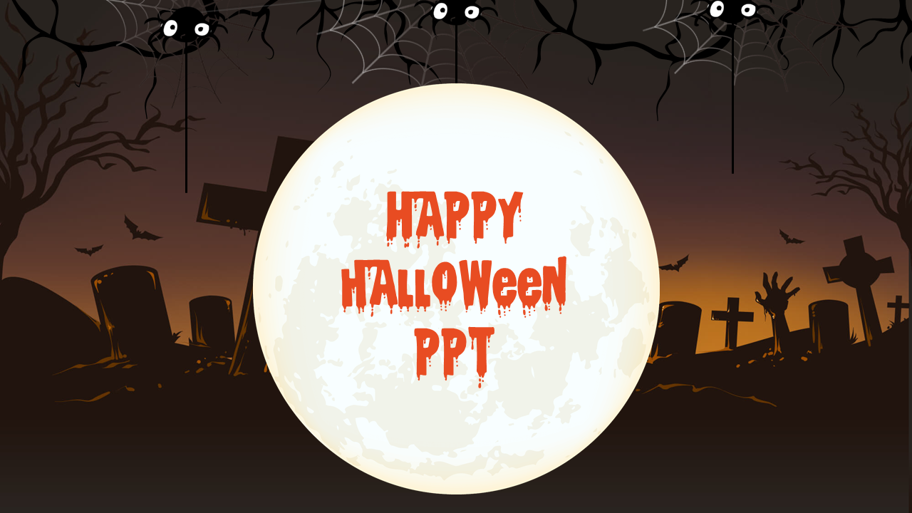 Halloween slide with a spooky graveyard, bats, and a full moon background, with the text in dripping red font.