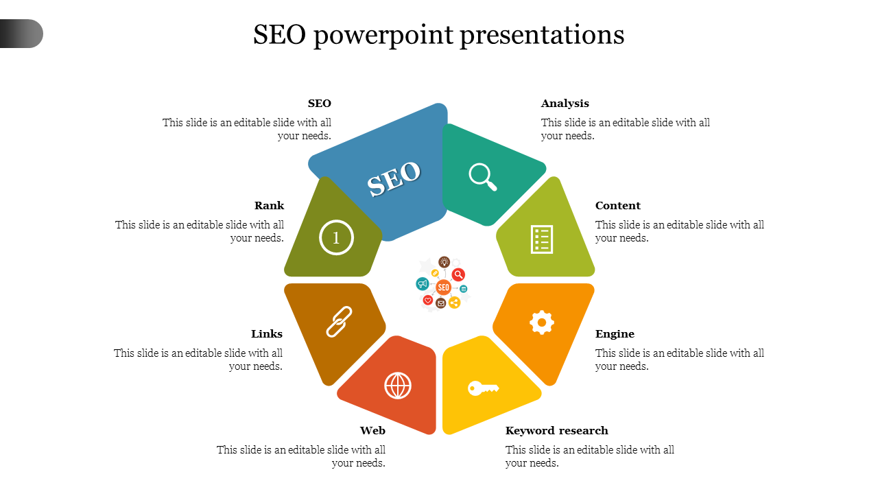 SEO PowerPoint template with seven sections from SEO to Rank with color coded icons and placeholder text.