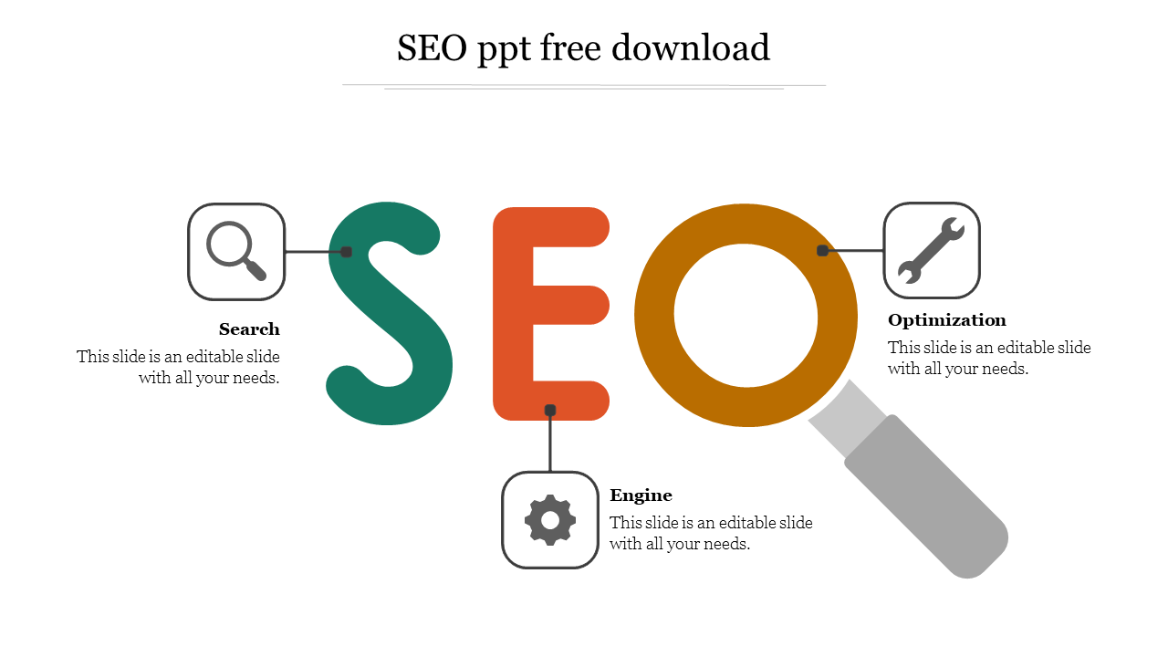 Slide featuring colorful SEO letters and icons representing search, optimization, and engine with icons and placeholder text.