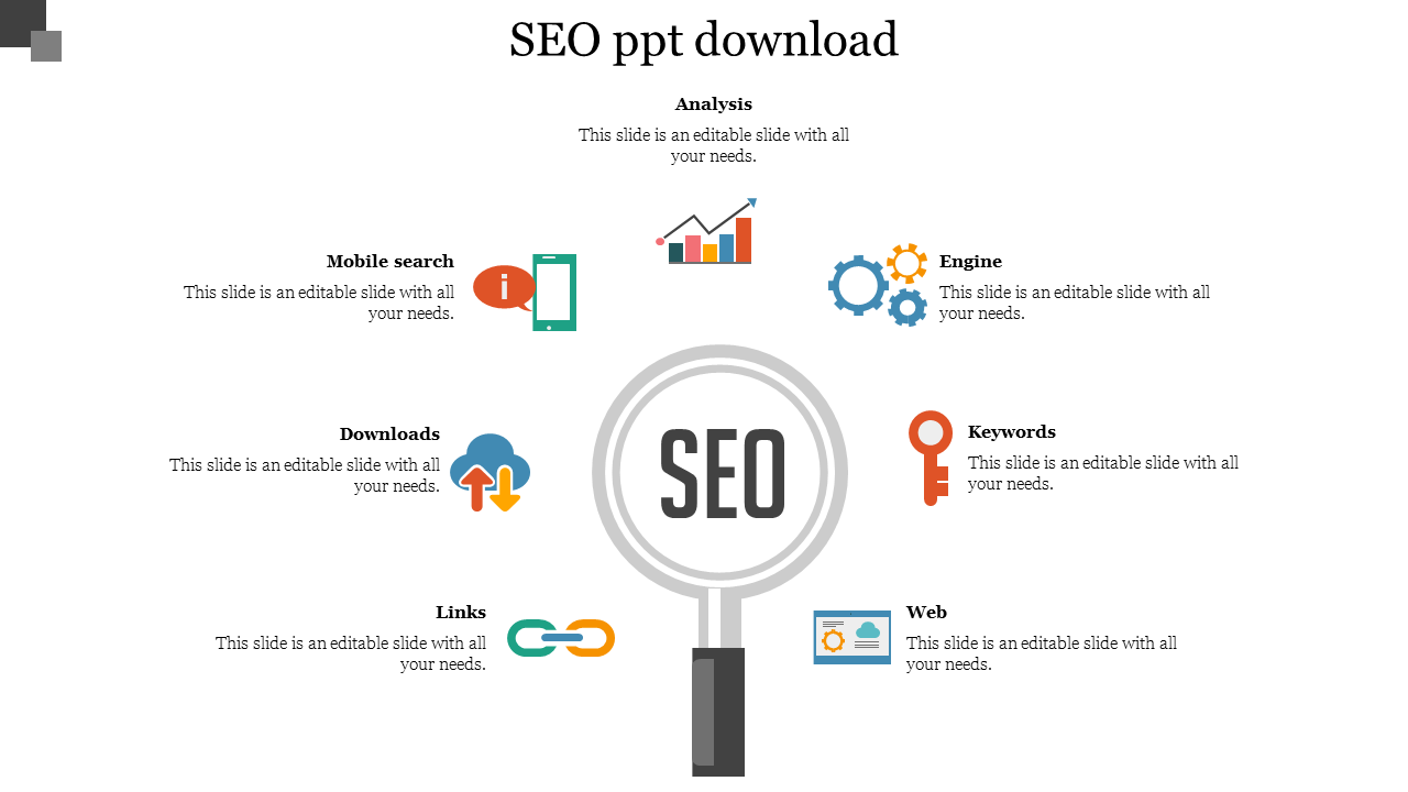 Slide featuring various SEO elements with color coded icons and placeholder text.