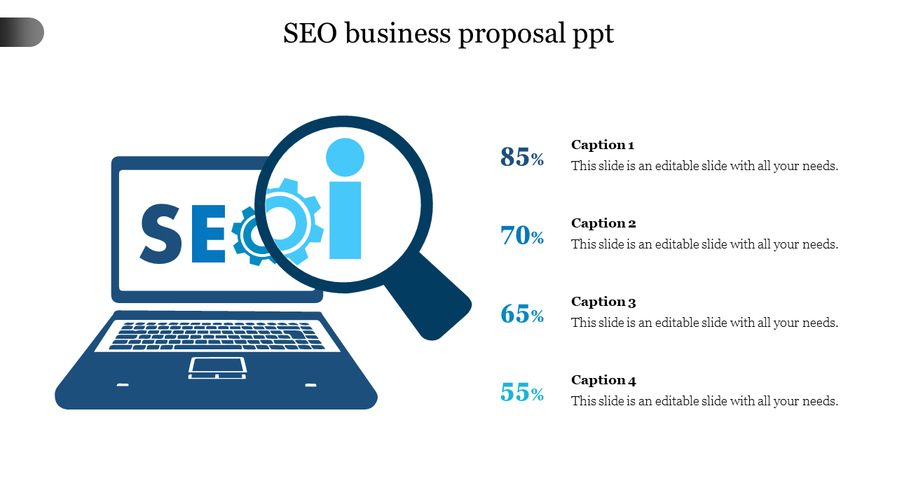 Business proposal slide with SEO-themed laptop graphic and magnifying glass, alongside percentage data and captions areas.