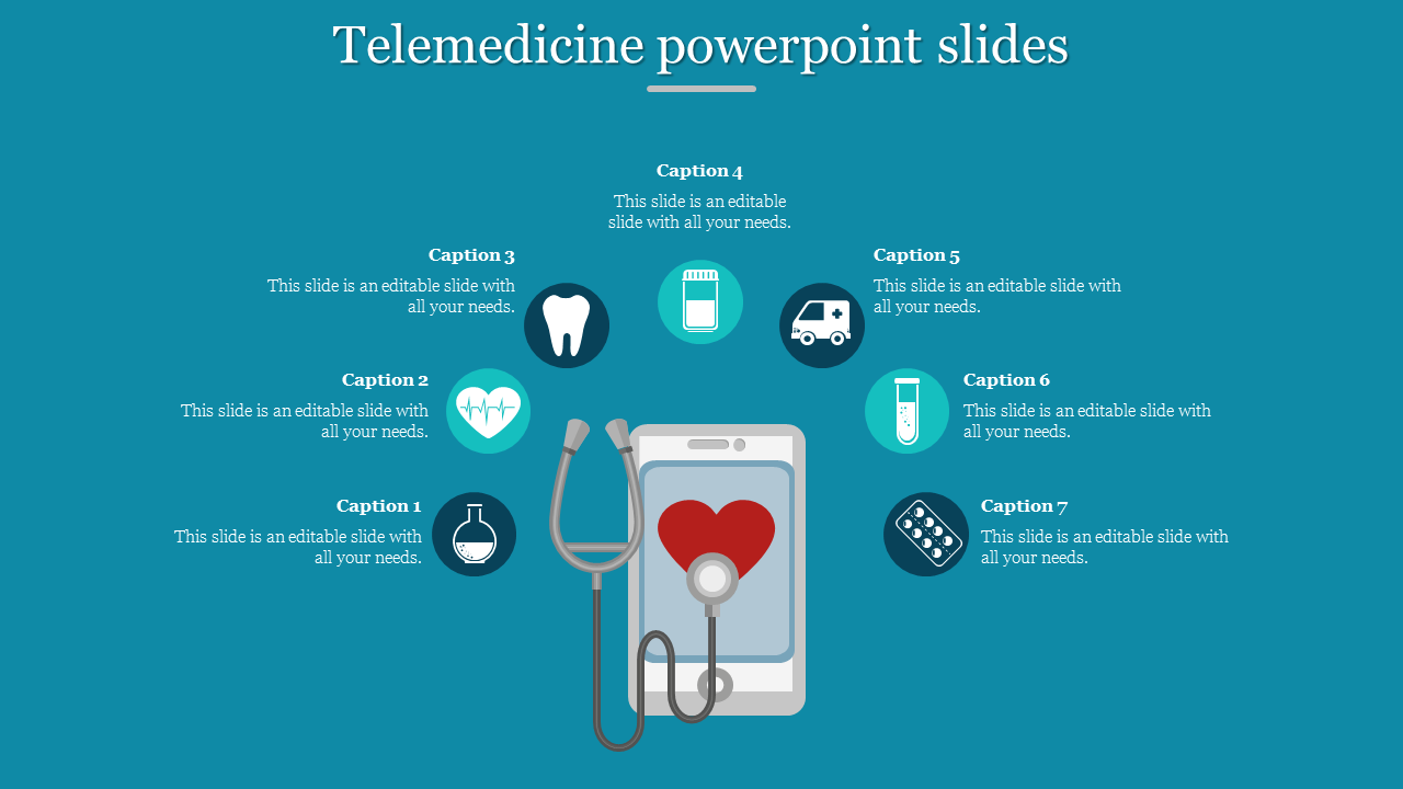 Slide with a central phone icon displaying a heart and a stethoscope, surrounded by seven health icons, on a teal backdrop.