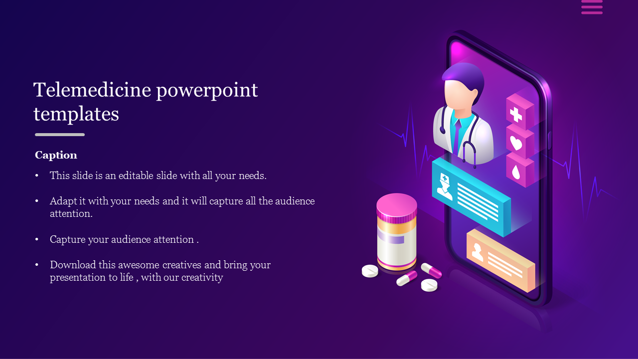 Telemedicine PPT slide with a futuristic digital healthcare theme featuring a doctor on a mobile screen and medical icons.