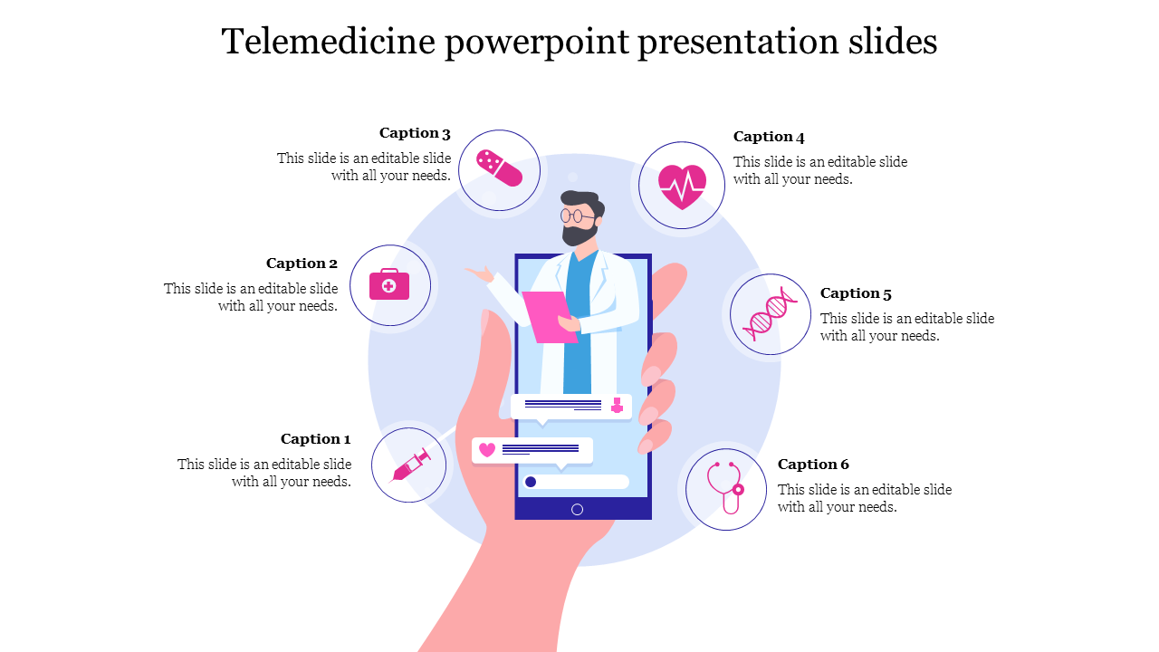 A hand holding a phone with a doctor on the screen, surrounded by six circular icons representing medical elements.