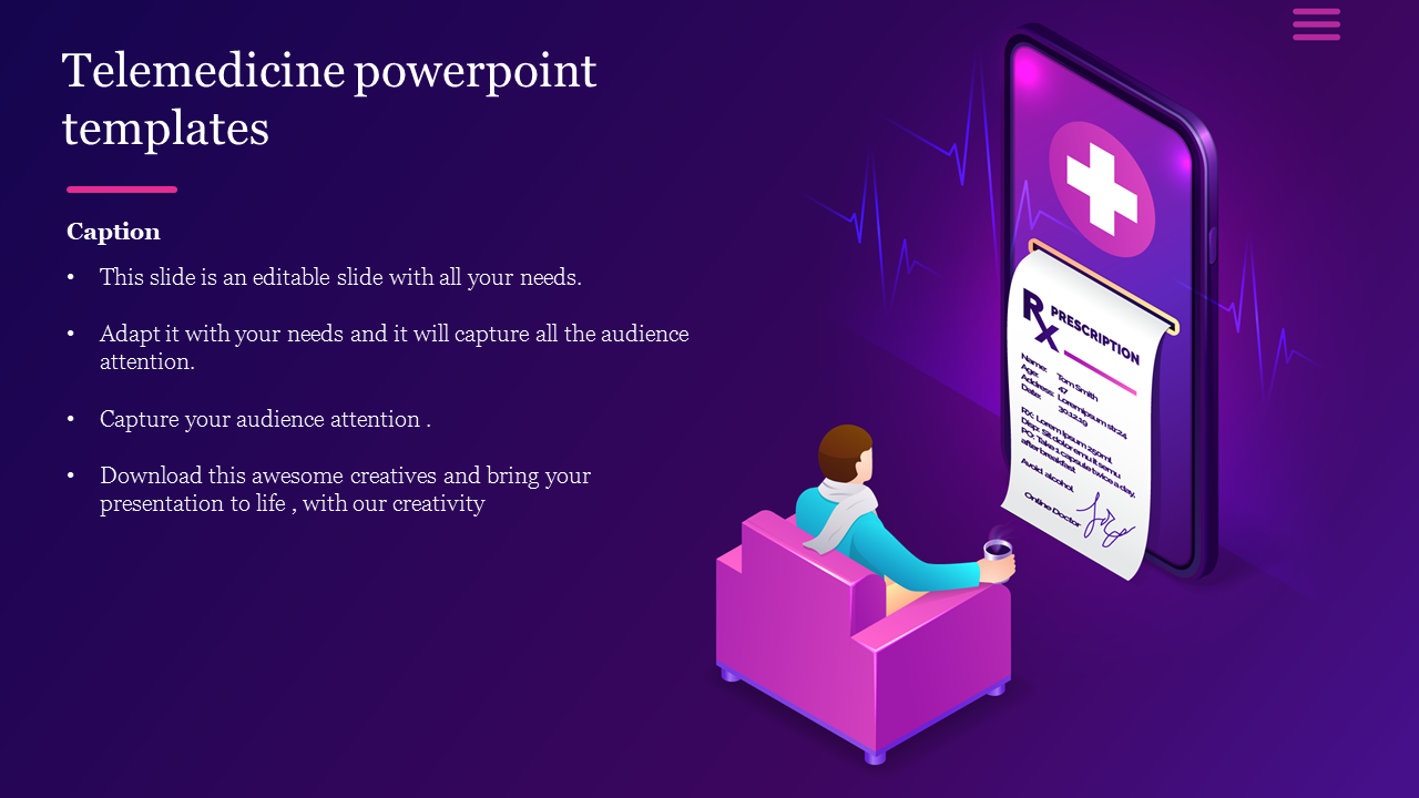 Telemedicine slide featuring a person receiving a prescription through a phone and text, set against a purple background.