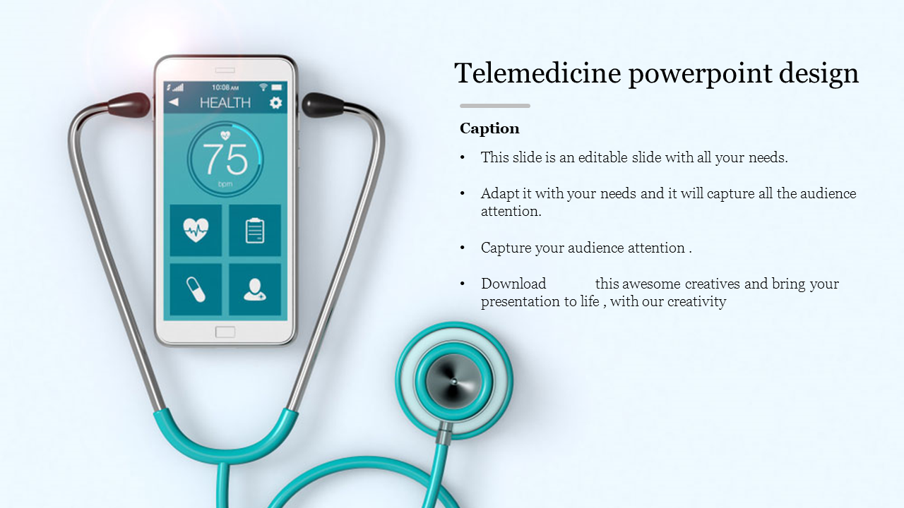 Telemedicine concept showing a phone with health metrics on the screen, surrounded by a stethoscope, with placeholder text.