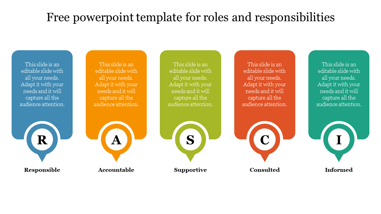 RASCI slide featuring color-coded five text box columns and icons with placeholder text for roles and responsibilities.