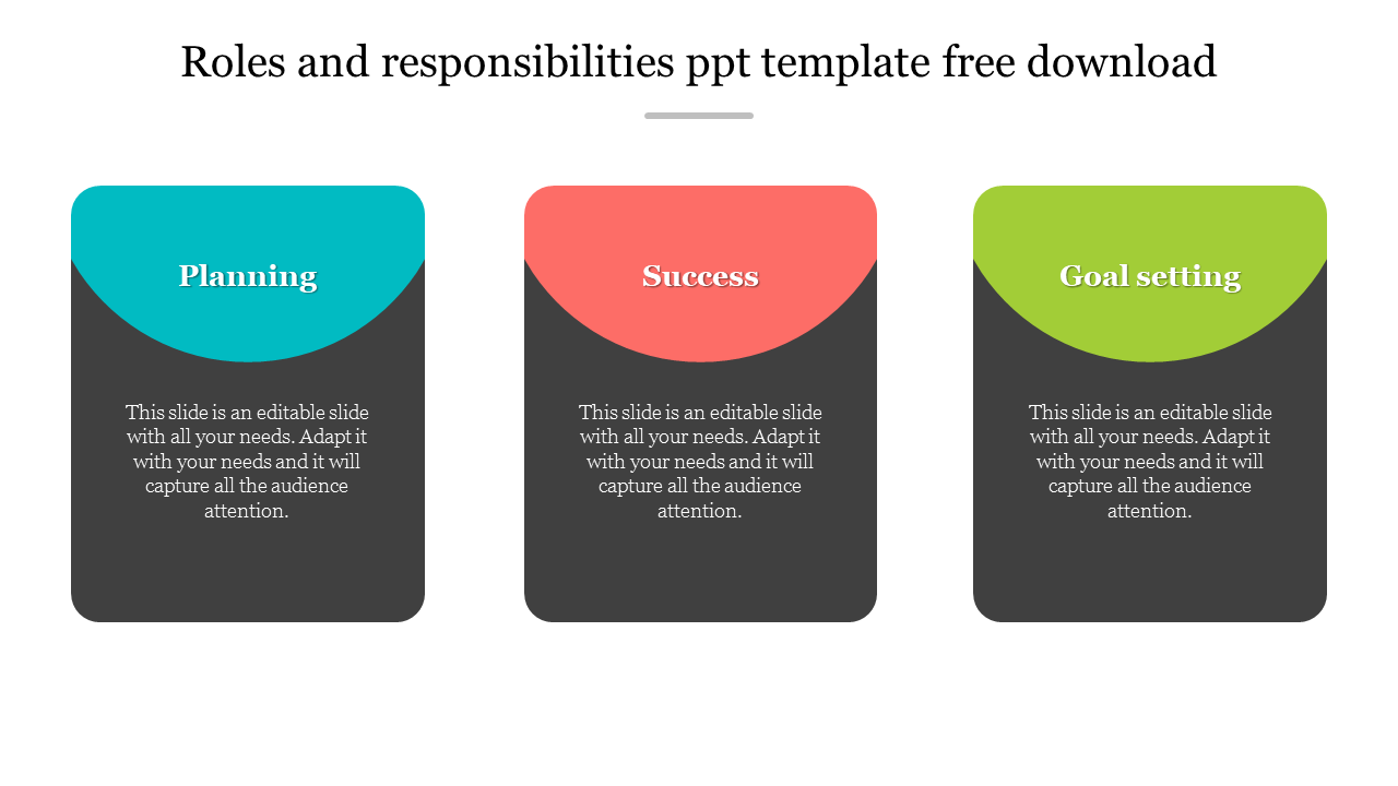 A template on roles and responsibilities three sections slides in multi colour with placeholder text.