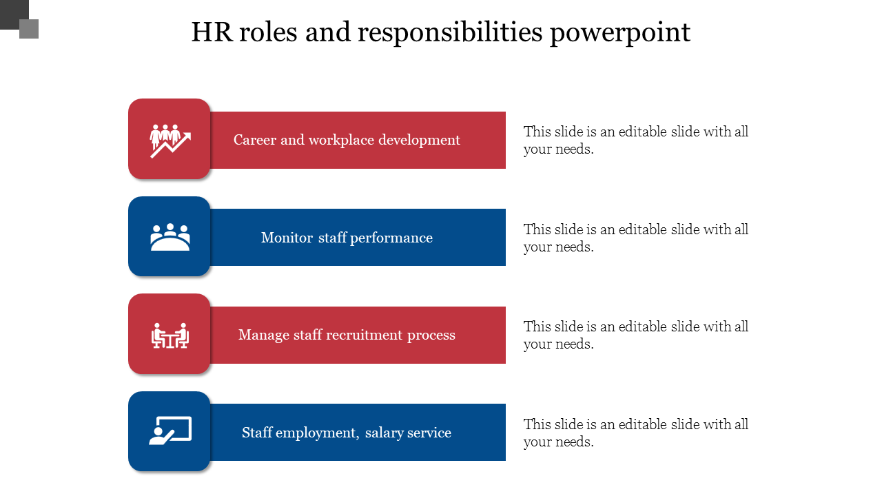 Slide outlining HR roles, including career development, staff performance monitoring, recruitment, and salary services.