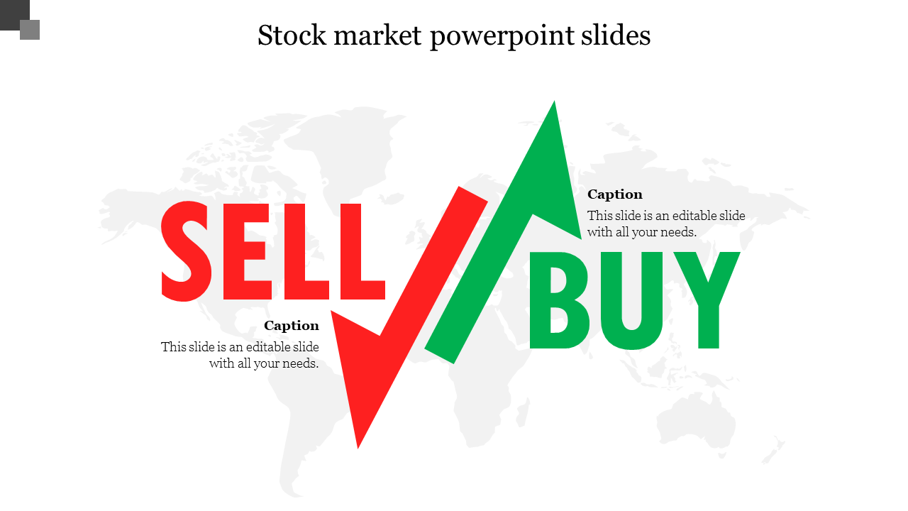 Stock market themed slide with sell in red and buy in green, each with arrows pointing downward and upward, respectively.