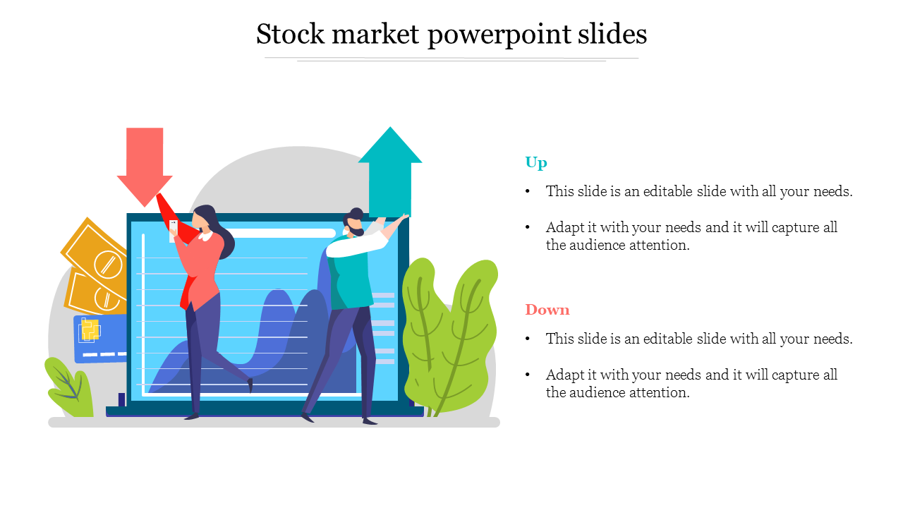 Stock market PowerPoint slide featuring an illustration of financial trends with up and down indicators and placeholder text.