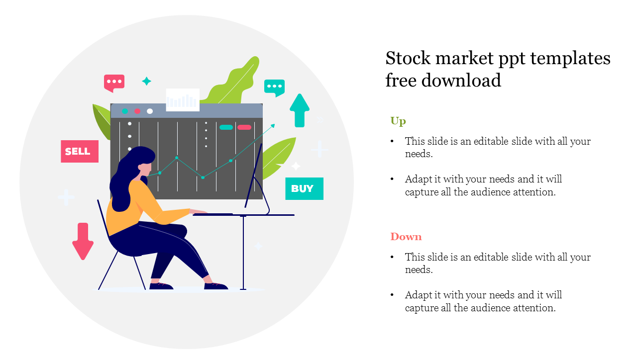 Stock market illustration showing a person at a desk viewing graphs with buy and sell icons in a circular layout.