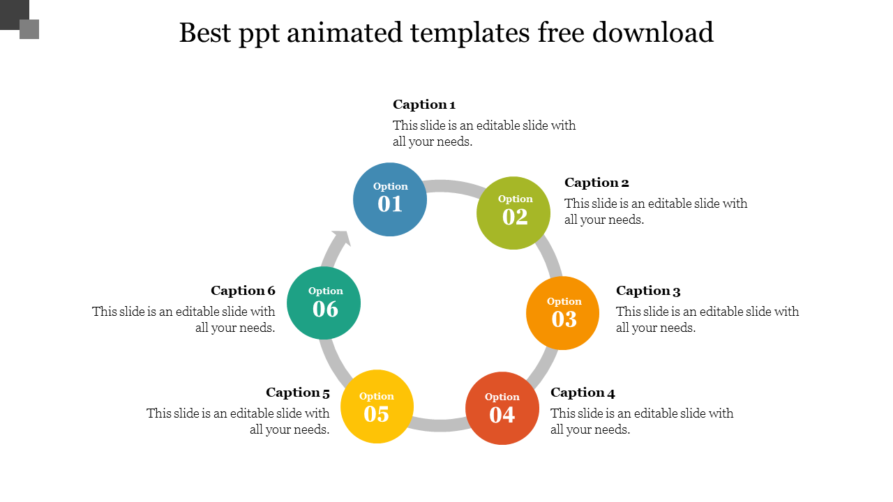 Best animated circular infographic slide with six colorful options arranged in a loop, each with a caption.