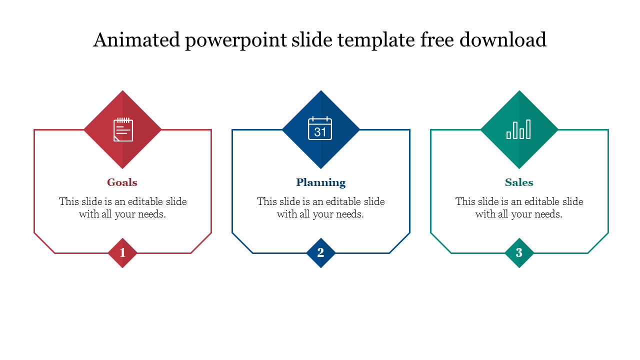 Three column layout featuring red, blue, and green diamond-shaped icons with corresponding text boxes below.