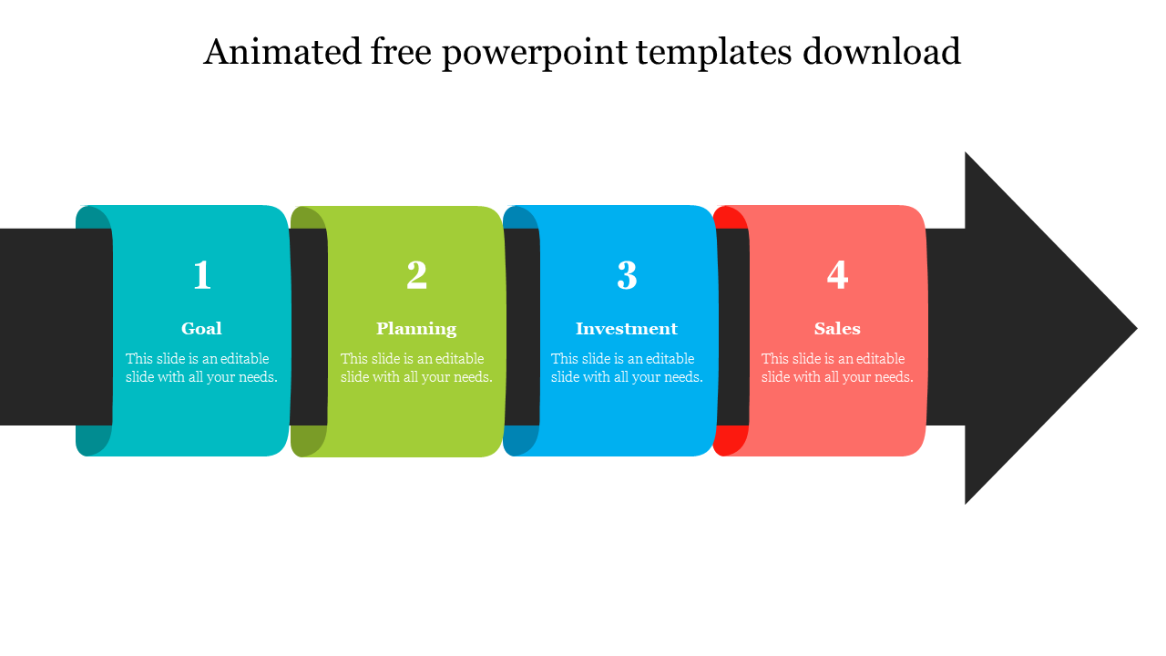 Animated slide featuring four numbered steps in blue, green, cyan, and red with placeholder text for each.