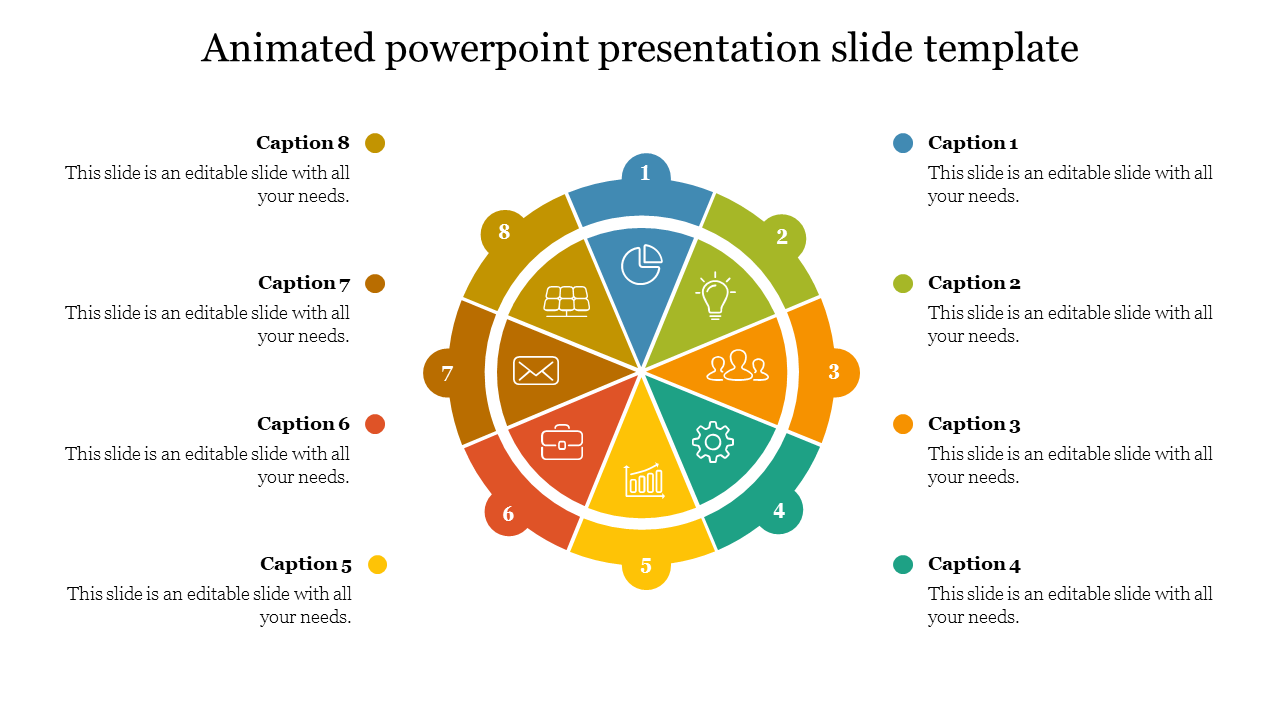 Colorful circular infographic slide with eight labeled sections, each containing an icon with captions on a white backdrop.