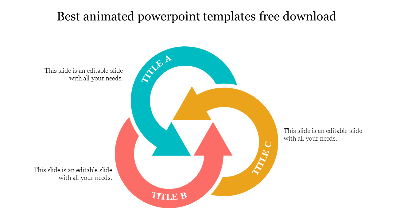 Best animated PPT slide with three colorful interconnected circular arrows labeled Title A, B, and C with placeholder text.