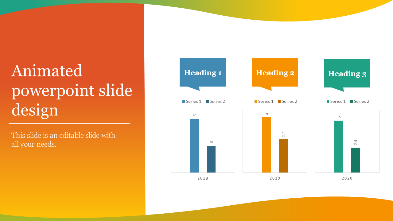 Animated slide design with orange gradient sidebar and three bar charts in blue, yellow, and green for different years.