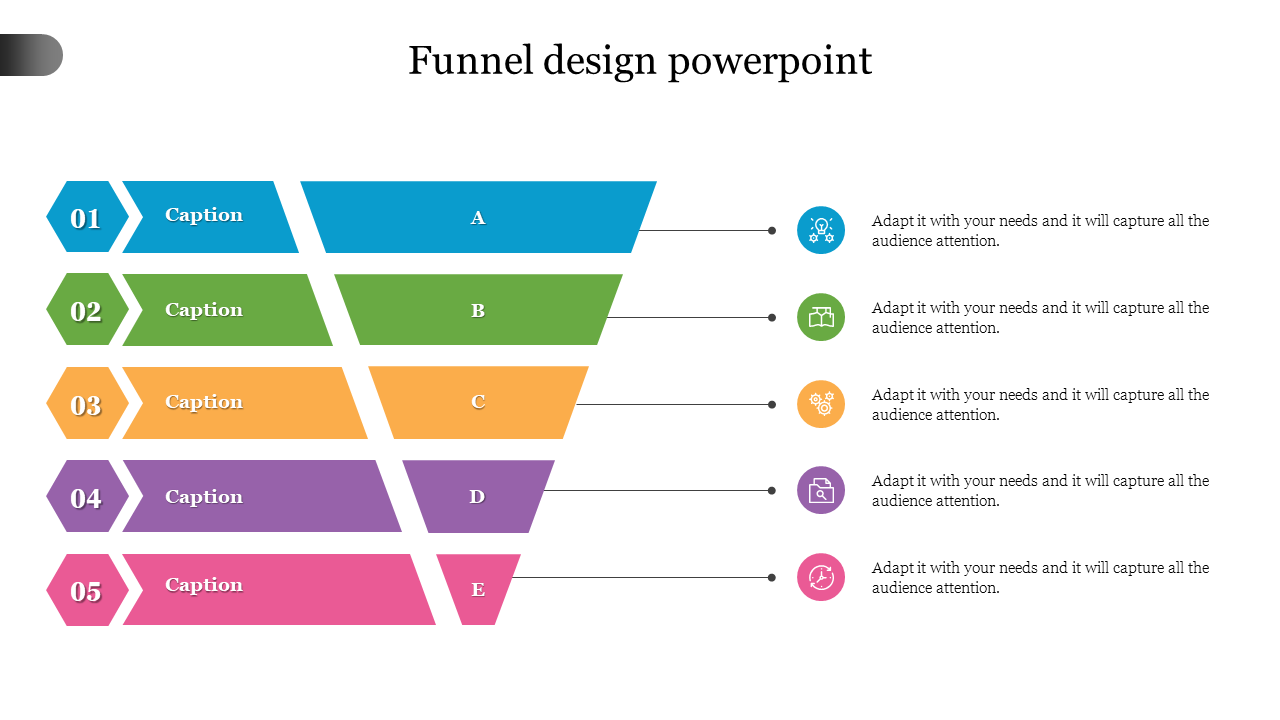 Colorful funnel design PPT template with five segmented layers and icons for process visualization with placeholder text.