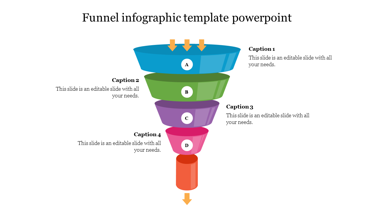 Colorful funnel infographic PowerPoint template with labeled sections and process flow arrows with captions.