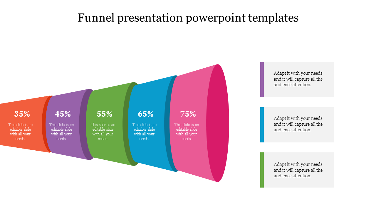 Colorful funnel PowerPoint template illustrating percentage based data flow with placeholder text alongside 3 text boxes.