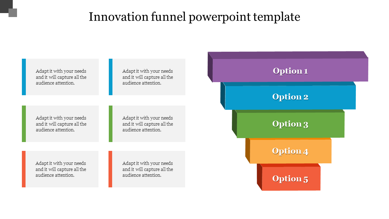 Funnel chart featuring five stacked blocks in purple, blue, green, orange, and red, with text placeholders next.