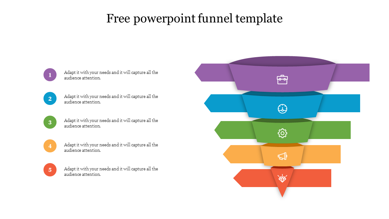 Layered funnel design with five colorful sections, featuring icons and numbered steps on the left.