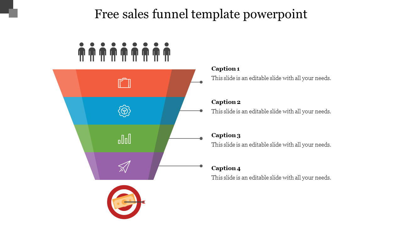 A colorful sales funnel slide illustrating the stages of the sales process with text sections and icons.