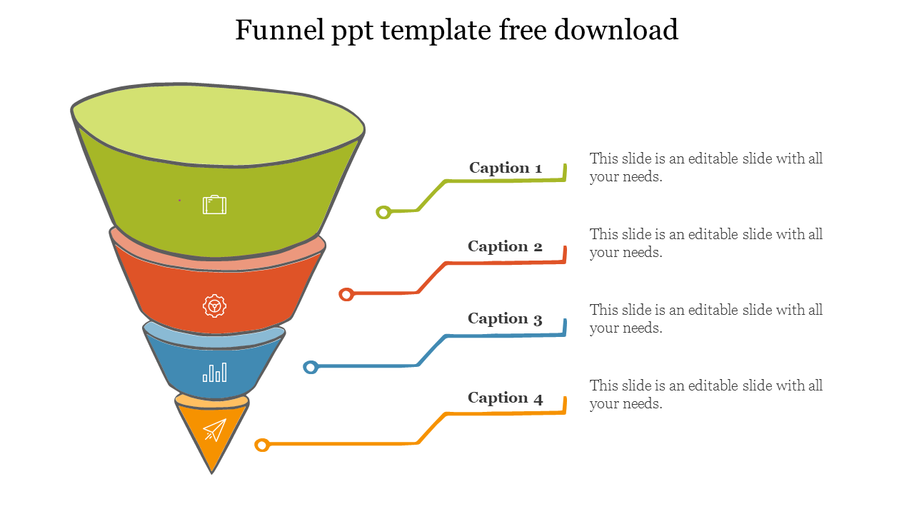 Multi layer funnel PowerPoint template with four icons, captions, and placeholders on a white backdrop.