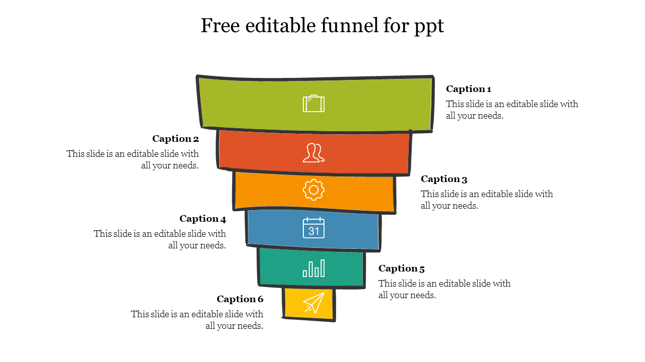 A multi-colored funnel diagram with six stacked sections, each with icons and corresponding captions on either side.