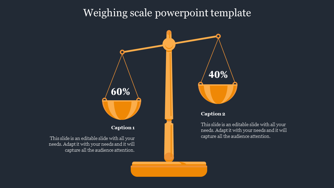 Orange weighing scale PowerPoint template with a balanced comparison showing 60 on one side and 40 percent on the other.