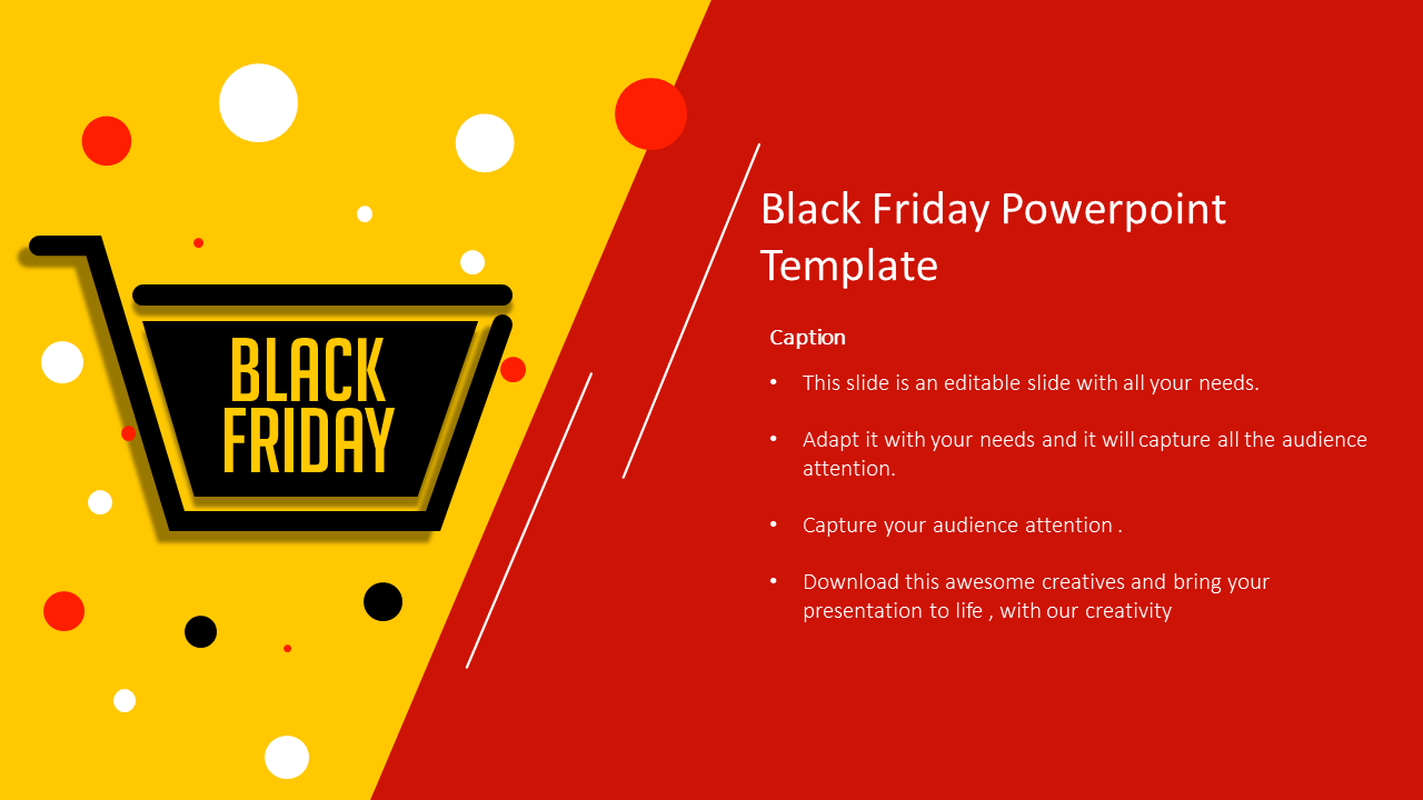 Black Friday PowerPoint template with a shopping cart icon, bold typography, and a red and yellow modern design.