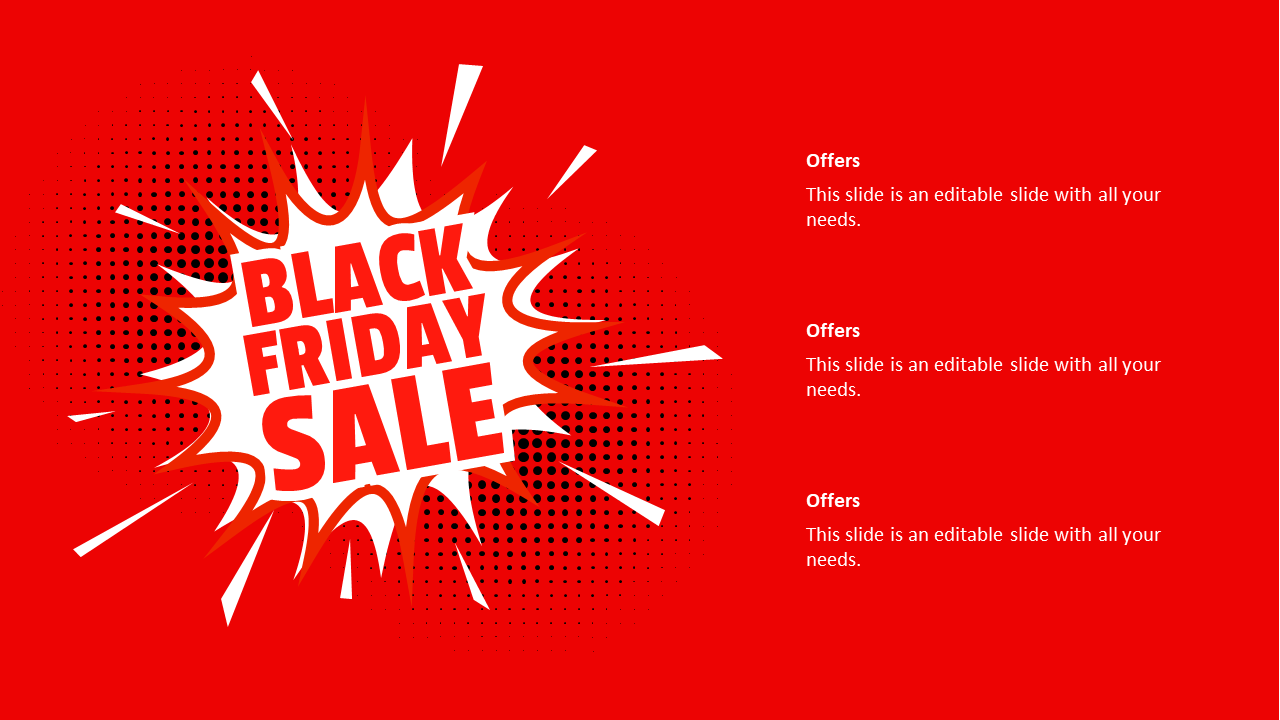 Bold black friday sale text in white burst graphic on red background, and three offer boxes on the right.