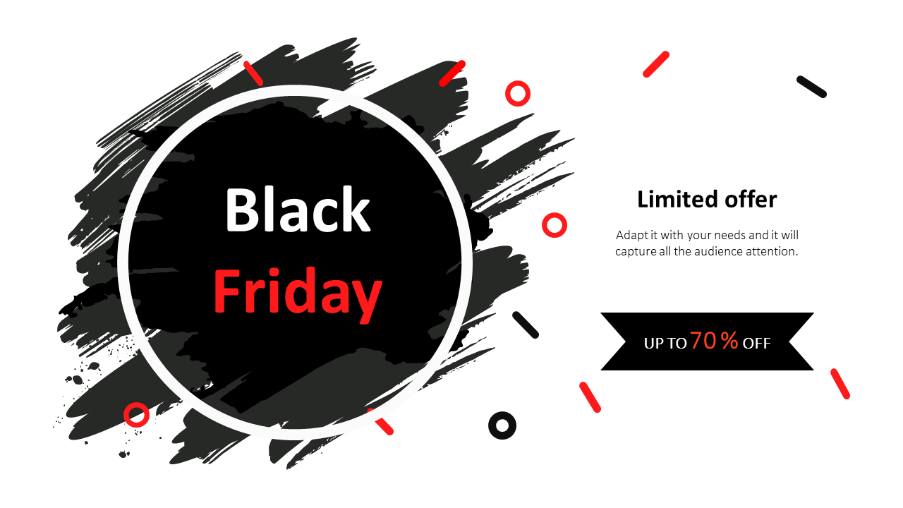 A promotional PowerPoint slide featuring Black Friday with a bold message and a limited time offer of up to 70 percent off.