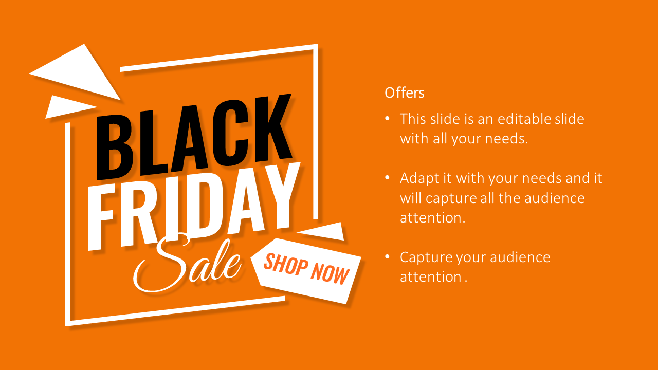 Sales promotion slide showcasing Black Friday offers on an orange backdrop with highlighted text.