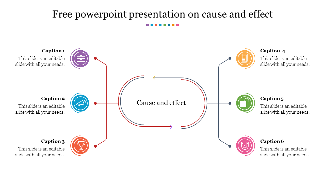 Cause and effect slide with six caption sections for adding text, connected to a central loop with icons.