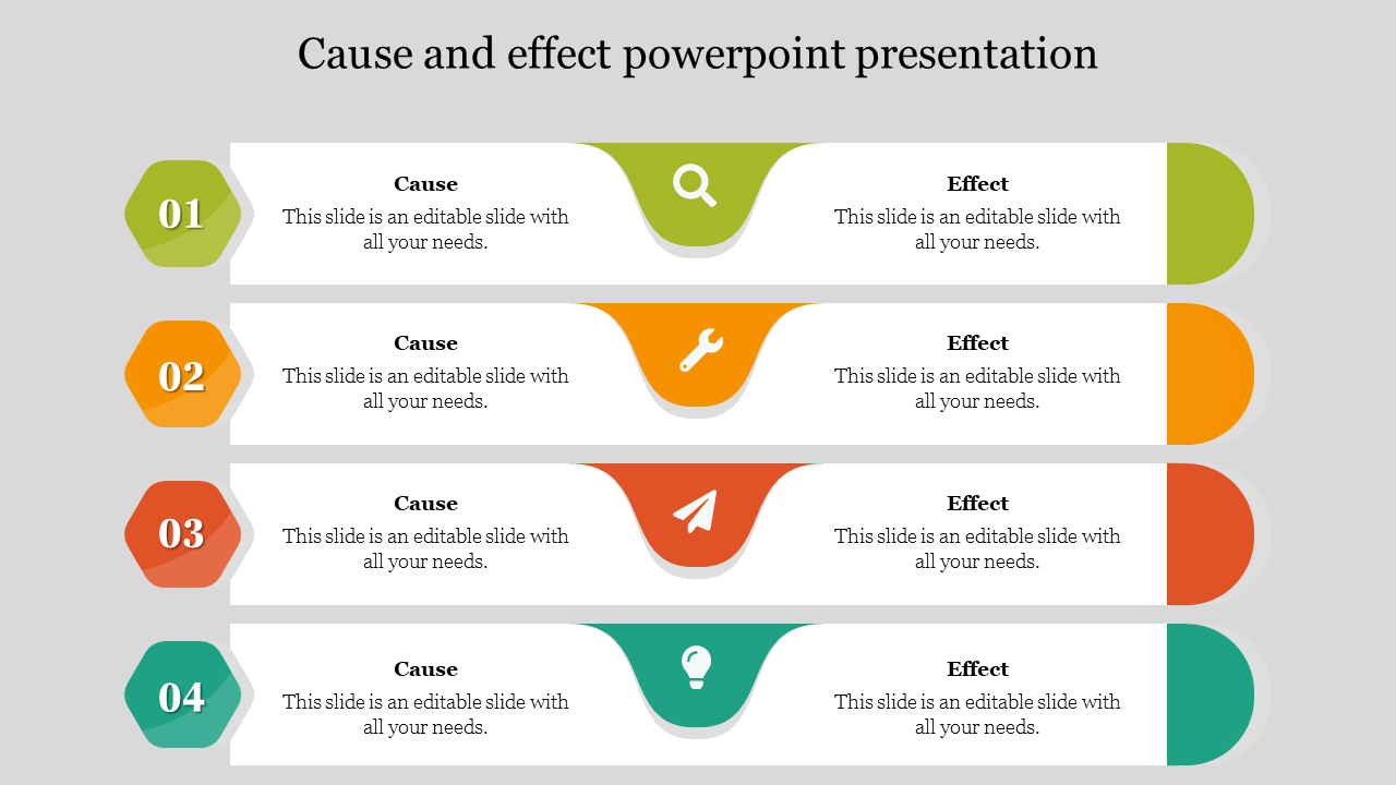 Slide with four sections displaying causes on the left and effects on the right with icons and placeholder text.