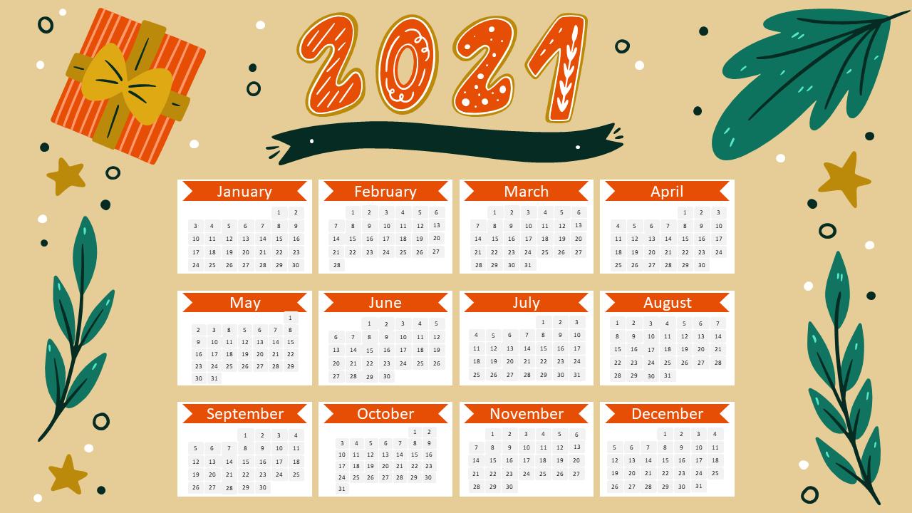 2021 calendar PPT slide with a festive theme, featuring monthly grids, gift box, leaves, and stars on a beige background.