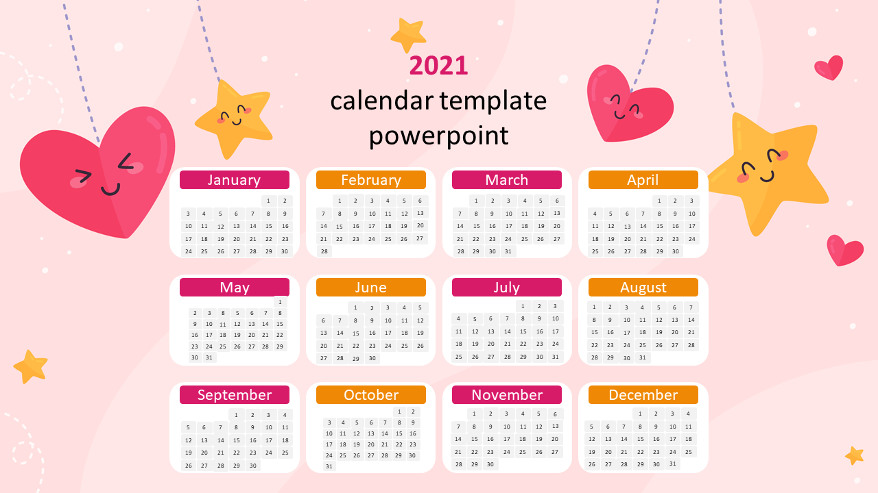 2021 calendar with a cute design featuring smiling stars and hearts above the months displayed in a grid.