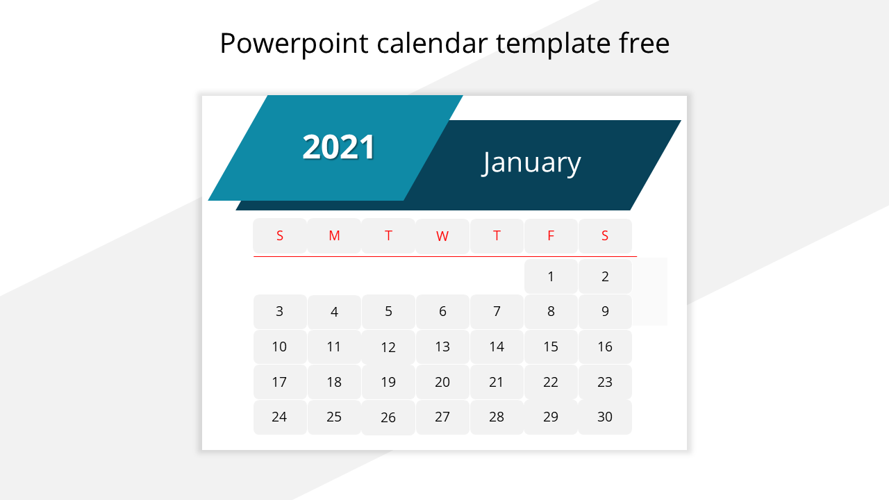 Minimalist 2021 PowerPoint calendar template featuring a January layout with a modern blue and white design.