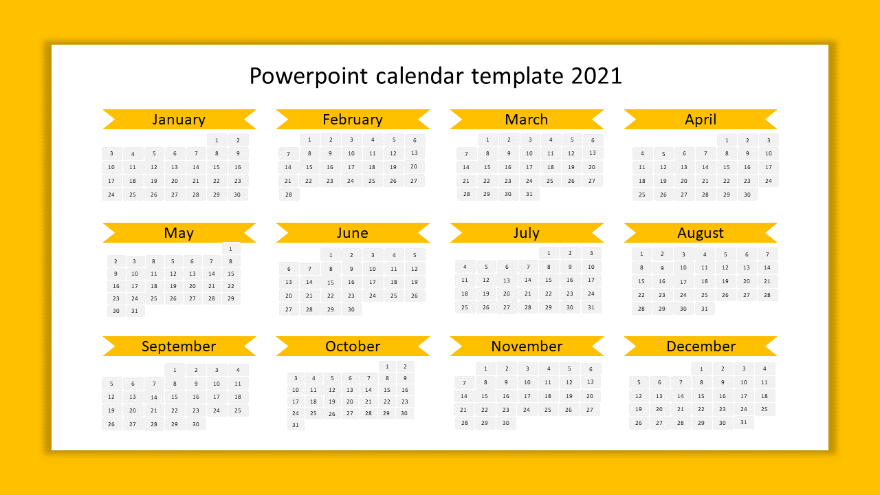 Annual calendar template for 2021 with individual months labeled with yellow banners and aligned in four rows.